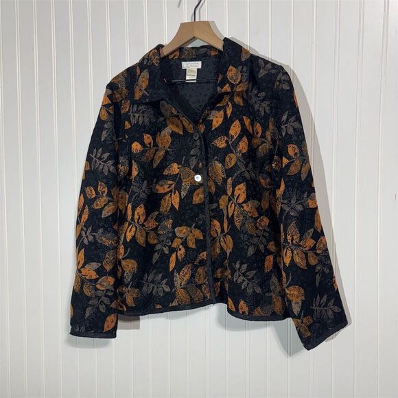 Christopher & Banks Women’s Jacket XL Black Orange Leaf Print Fall Button Front - Picture 1 of 6